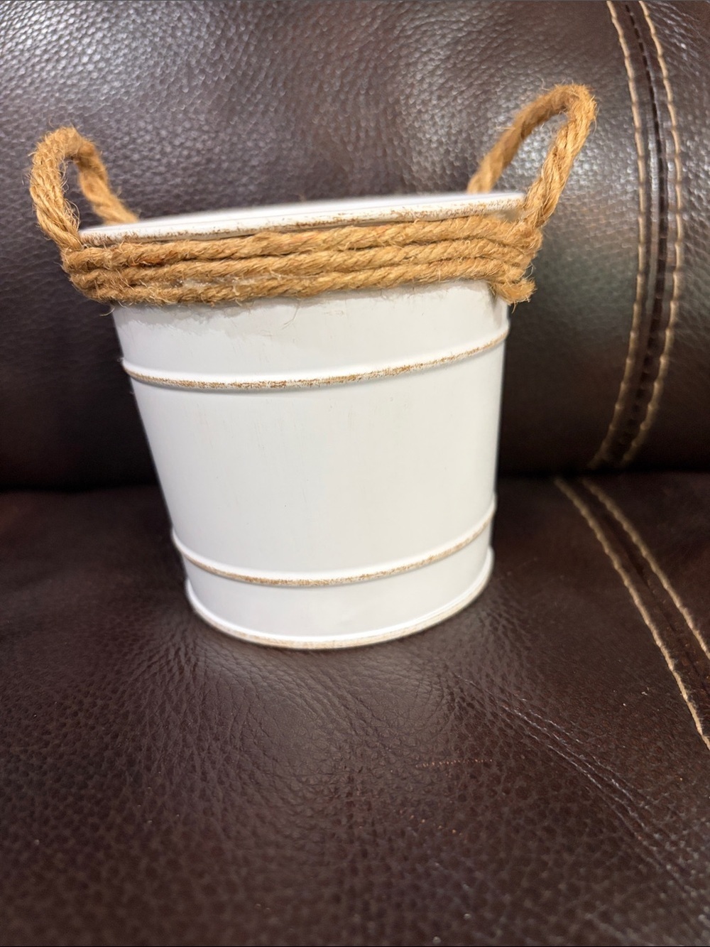 White Rustic Metal Mini Container with Rope Handles